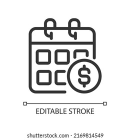 Salary pixel perfect linear icon. Monthly income. Regular paycheck. Annual earning schedule. Thin line illustration. Contour symbol. Vector outline drawing. Editable stroke. Arial font used