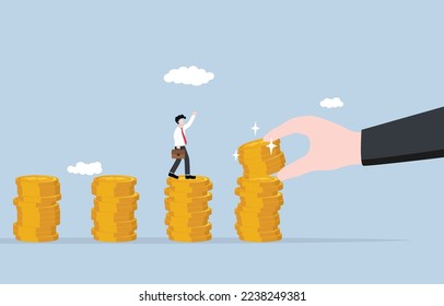 Salary rate adjustment, wage increase from employee skill development, job promotion concept, Businessman being happy with salary increase.