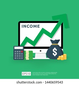 salary rate increase. Finance income performance of return on investment ROI concept with arrow. business profit growth margin revenue. cost sale icon. dollar symbol flat style vector illustration