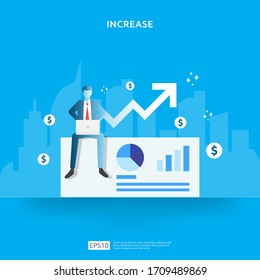 salary rate increase with growth up arrow and people character. business profit grow or income margin management revenue. Finance statistic performance of return on investment ROI illustration concept