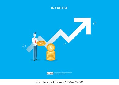 salary rate increase with growth up arrow and people character. business profit grow or income margin management revenue. Finance statistic performance of return on investment ROI illustration concept