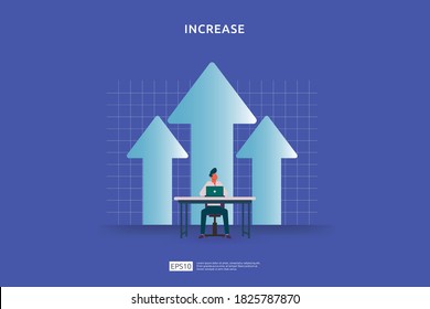 salary rate increase with growth up arrow and people character. business profit grow or income margin management revenue. Finance statistic performance of return on investment ROI illustration concept