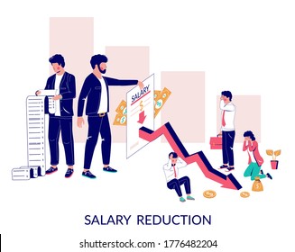 Salary Reduction, Vector Flat Illustration. Boss Suggesting Pay Cut Or Wage Reduction. Current Recession, Business Fall, Economic Downturn, Financial Crisis Concept For Web Banner, Website Page Etc.