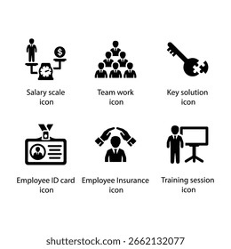 Salary scale, Team work, Key solution, Employee ID card, Employee Insurance, training session, Icon