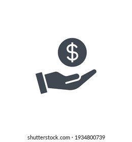 Salary, sell, money, business, buy, hand glyph icon. Simple solid style. Save, cash, coin, currency, dollar, finance concept. Vector illustration isolated on white background. EPS 10