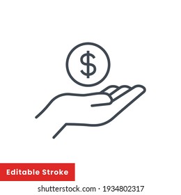 Salary, sell, money, business, buy, hand line icon. Simple outline style. Save, cash, coin, currency, dollar, finance concept. Vector illustration isolated on white background. Editable stroke EPS 10