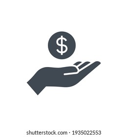 Salary, sell, money, business, buy, hand glyph icon. Simple solid style. Save, cash, coin, currency, dollar, finance concept. Vector illustration isolated on white background. EPS 10