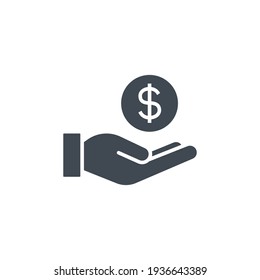 Salary, sell, money, business, buy, hand glyph icon. Simple solid style. Save, cash, coin, currency, dollar, finance concept. Vector illustration isolated on white background. EPS 10