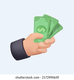 Salary, sell, money, business, buy, hand holding money 3D icon. Simple 3D render style. Save, cash, coin, currency, dollar, finance concept. Vector illustration. Pay for something, hand holds bills