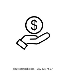 Salary, sell, money, business, buy, hand line icon. Simple outline style. Save, cash, coin, currency, dollar, finance concept. Vector illustration isolated on white