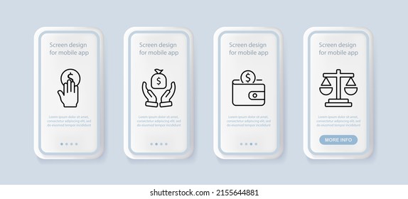 Salary set icon. Pouch, wallet, scale, income, profit, coin, payment, loss, etc. Money concept. UI phone app screens with people. Vector line icon for Business and Advertising