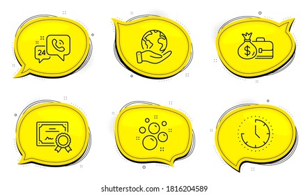 Salary sign. Diploma certificate, save planet chat bubbles. Clean bubbles, Time and 24h service line icons set. Laundry shampoo, Clock, Call support. Diplomat with money bag. Business set. Vector