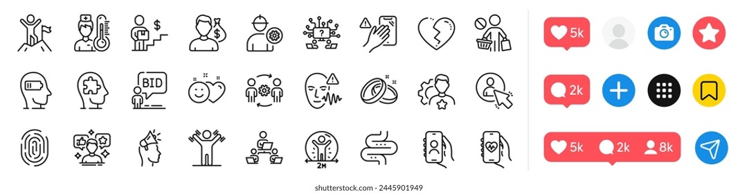 Salary, Social media and Thermometer line icons pack. Social media icons. Engineering team, Health app, Mental conundrum web icon. Auction, Leadership, Intestine pictogram. Vector