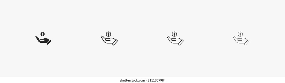 Vector de símbolo salario. Icono de mano con moneda para pago y negocio. Icono de mano con moneda plana y símbolo de dólar ilustración vectorial