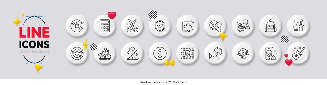 Salary, Teamwork and Stress protection line icons. White buttons 3d icons. Pack of Info, Scissors, Stress icon. Backpack, Confirmed, Targeting pictogram. Vector