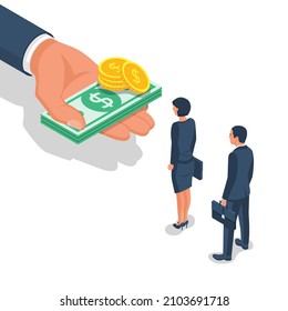 Salary Time Concept. Boss Holding Money In Hand. Workers Man And Woman Stand In Line. Employer And Staff. Vector Illustration Isometric Design. Isolated On Background.