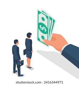 Salary time concept. Boss holding money in hand. Workers man and woman stand in line. Employer and staff. Vector illustration isometric design. Isolated on background.