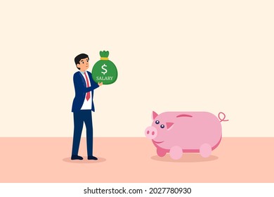 Concepto de vector salario. Empresario ahorrando su salario en un banco de cerditos