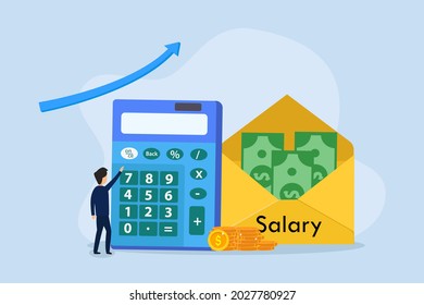 Concepto de vector salario. Empresario que usa una calculadora para contar el sueldo dentro de un sobre con flecha hacia arriba