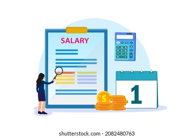 Salary vector concept: Female worker checking her salary on the clipboard while looking with magnifying glass