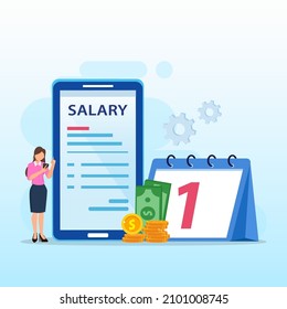 Salary vector concept. female worker looking at his salary on handphone while standing with calendar,  and stack of coins. Flat vector template style Suitable for Web Landing Pages.
