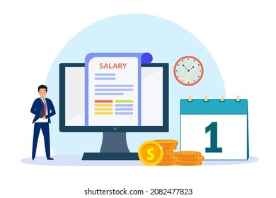 Salary vector concept: Male worker checking his salary on computer while standing with stack of coins 