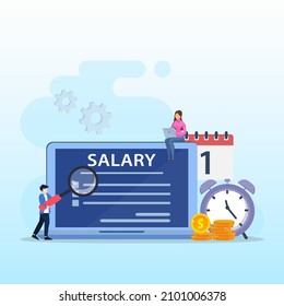 Salary vector concept: Male worker and female looking at his salary on laptop while standing with calendar,  and stack of coins. Flat vector template style Suitable for Web Landing Pages.