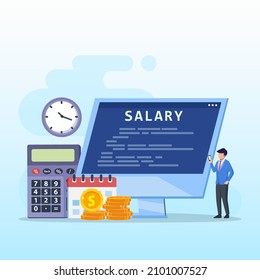 Salary vector concept. Male worker looking at his salary on handphone while standing with computer , calendar,  and stack of coins. Flat vector template style Suitable for Web Landing Pages.