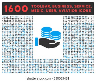 Salary vector icon and 1600 other business, service tools, medical care, software toolbar, web interface pictograms. Style is bicolor flat symbols, blue and gray colors, rounded angles, white