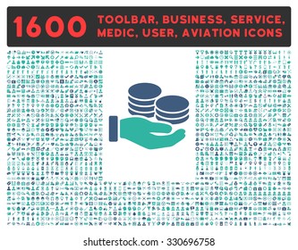 Salary vector icon and 1600 other business, service tools, medical care, software toolbar, web interface pictograms. Style is bicolor flat symbols, cobalt and cyan colors, rounded angles, white