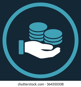 Salary vector icon. Style is bicolor flat circled symbol, blue and white colors, rounded angles, dark blue background.
