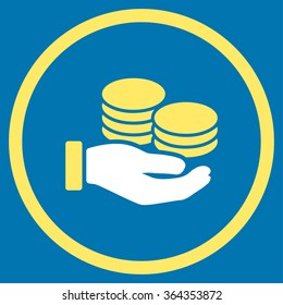 Salary vector icon. Style is bicolor flat circled symbol, yellow and white colors, rounded angles, blue background.