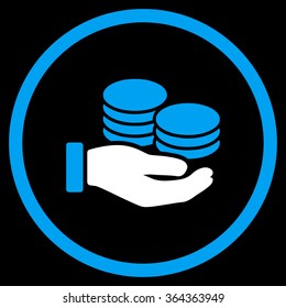 Salary vector icon. Style is bicolor flat circled symbol, blue and white colors, rounded angles, black background.