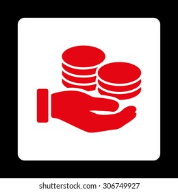 Salary vector icon. This flat rounded square button uses red and white colors and isolated on a black background.