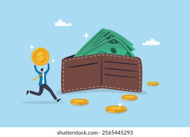 Salary, wages or income, making money profit, cash or economics, financial saving, investment or expense, spending, salary payroll, compensation concept, businessman hold money with wallet banknotes.