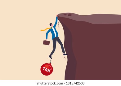 Salaryman income tax payment, government tax, debt, fee obligation to pay concept, tried depressed businessman holding briefcase holding and about to fall from cliff tied with heavy ball with text TAX