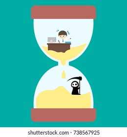 a salaryman is rushing to finish his project while time is running out   the grim reaper is waiting for him the lower bulb sand clock  deadline design   funny concept  vector illustration 