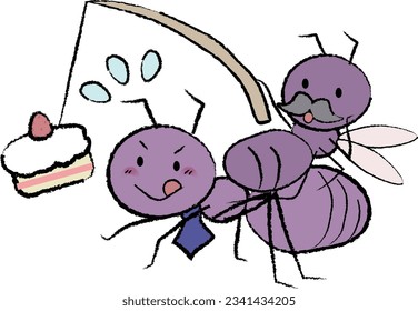 Salaryman-style worker ant and boss ant tempted by delicious food