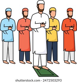 Salat al-Eid or holy holiday prayers togather concept, offering Eid namaz behind imam vector icon design, Eid al-Azha or Eid ul Kabir Symbol, Hajj Sign, Muslims religious Festival Stock illustration