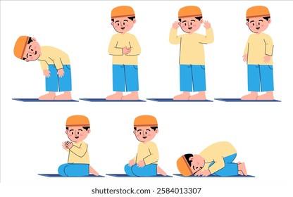 Salat pose movement salah prayer instruction muslim boy male kid praying Islam obligation moslem person faith belief sujud standing sitting position set collection colorful