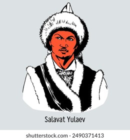 Salavat Yulaev es un héroe nacional y poeta-narrador de Bashkir. Participante de la Guerra Campesina, asociado de Yemelyan Pugachev. Ilustración vectorial, dibujada a mano