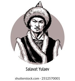 Salavat Yulaev es un héroe nacional Bashkir y poeta narrador de historias. Participante de la Guerra Campesina de 1773-1775. Ilustración vectorial dibujada a mano