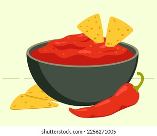 Salsa De Salca En El Tazón Con Vector De Alimentos De Pepper Y Nachos De Chili Ilustración En Estilo Plano