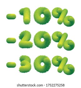 Sale. -10%, -20%, -30%. Grass lettering. Vector template for gardening and horticulture. 