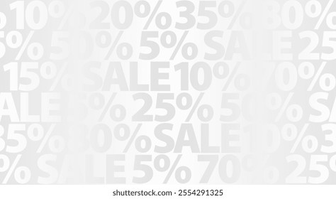 Sale 10 25 50 70 percent discount vector white seamless pattern background. Simple horizontal text geometric graphic print. Marketing Sale web page texture. Minimalistic advertising wrapping paper