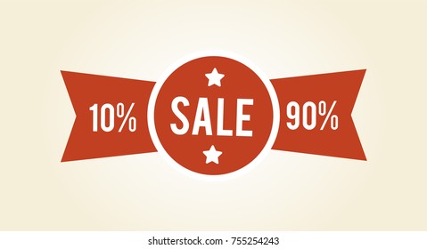 Sale 10% and 90%, simple but nice sticker, made up of circle and ribbons, text and stars put in it, on vector illustration isolated on white