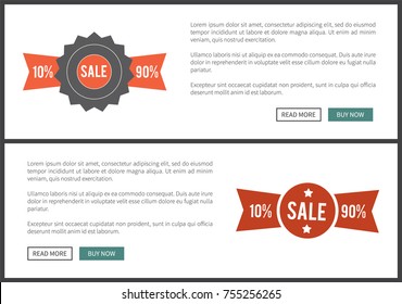 Sale 10% and 90%, web page collection, with labels and stickers, text sample and buttons on vector illustration isolated on white background