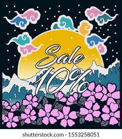 sale 10%, beautiful greeting card background or banner with sea and flower theme. design illustration