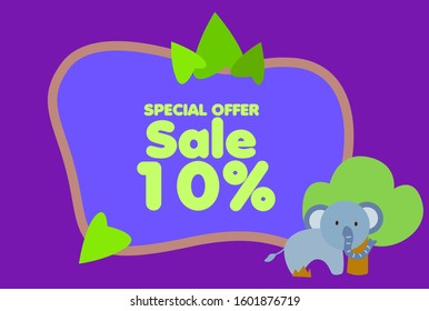 sale 10%, beautiful greeting card background or template banner with cute animal character theme. vector design illustration