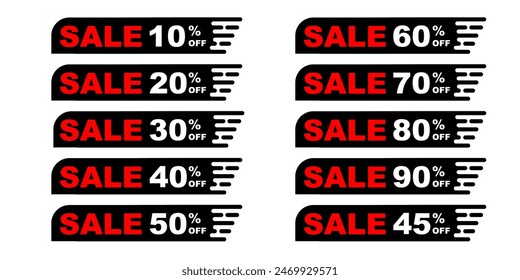 Sale 10% off up to 90% off banner black red white colour. Black Friday Sale tag horizontal text. Printable discount tag for retail or store. Vector EPS 10. modern sale tag stylized. Clearance.